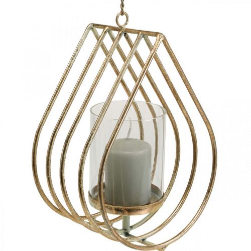 Product Lantern hanging tealight holder metal gold teardrop H22.5cm