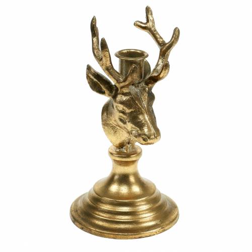 Candlestick antique look deer head golden metal 19.5cm