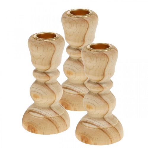 Candlestick wood candlestick turned country house H11cm 3pcs