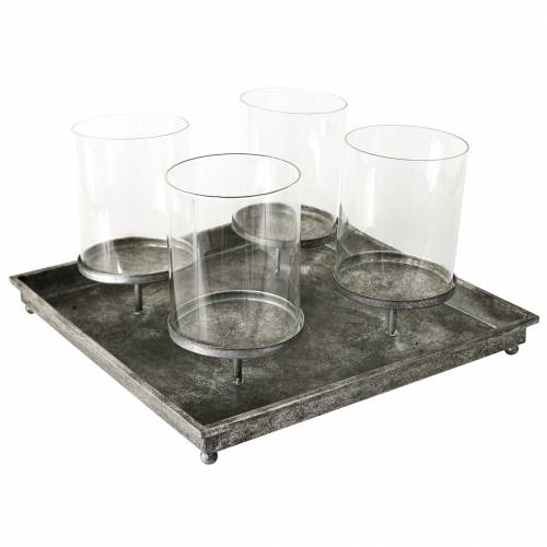 Advent tray with 4 candle holders 40 × 40cm antique look metal / glass silver