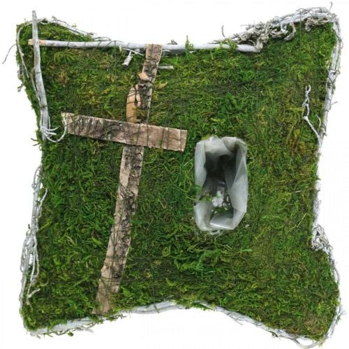 Cushion moss and vines with cross for grave arrangement 25x25cm