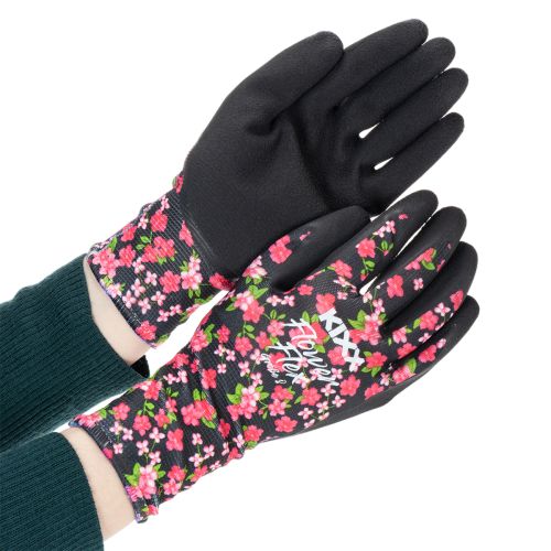 Product Kixx Garden Gloves, Black with Pink Flowers, Size 8