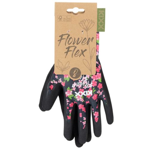 Product Kixx Garden Gloves, Black with Pink Flowers, Size 8