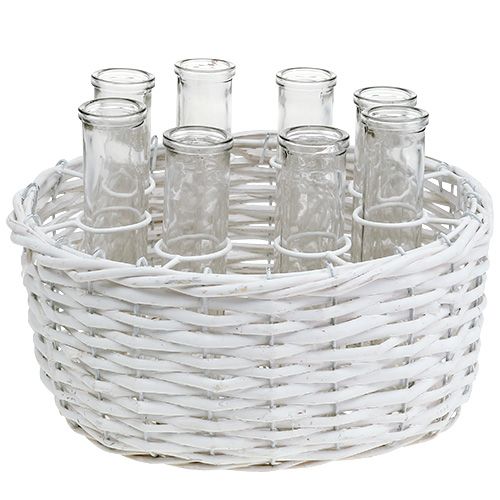 Floristik24 Basket round white Ø27cm with 8 test tubes