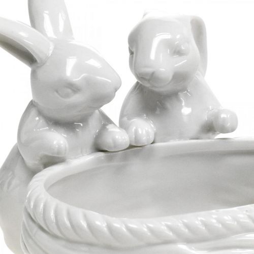 Rabbits with nest, table decoration, Easter nest, porcelain decoration, decorative bowl white L15cm H11cm