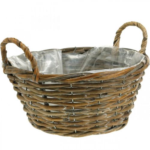 Flower decoration, wooden basket with handles, planter natural, washed white H12cm Ø24cm
