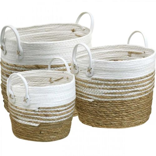 Basket for planting, utensil with handles, organizer white, natural Ø32/28/23cm H30/25/19cm set of 3