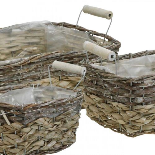 Product Plant basket with handles, square basket bowl, natural planter for planting shabby chic washed white L30/25.5/21 cm H12/11/10 cm set of 3