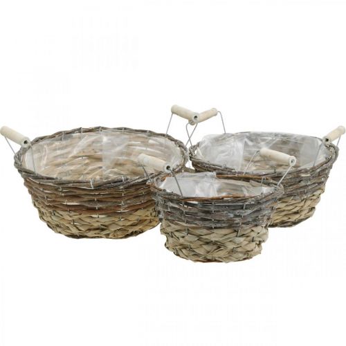 Plant basket with handles, decorative container for Easter,  natural basket, shabby chic white washed Ø28/24/19cm H12/11/10cm set of  3-02714