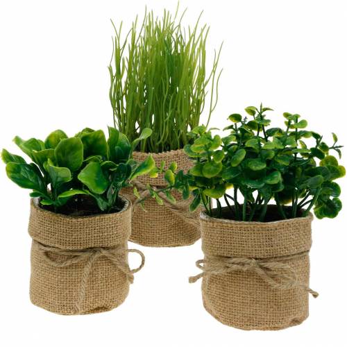Herbs in pots Artificial kitchen herbs Chives, basil and lettuce 3pcs