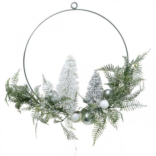 Floristik24 Illuminated wreath with fir trees and balls, Advent, winter decoration to hang, LED decoration ring silver W45cm Ø30cm