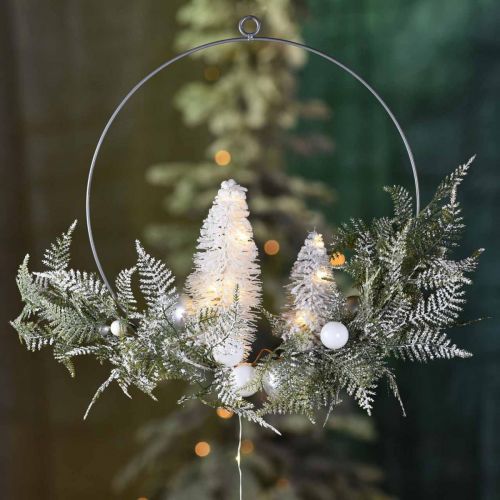 Floristik24 Illuminated wreath with fir trees and balls, Advent, winter decoration to hang, LED decoration ring silver W45cm Ø30cm