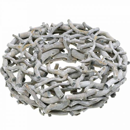 Product Decorative wreath, corkscrew willow, grey limed, Ø40cm - Natural wood decoration, wall wreath, table decoration