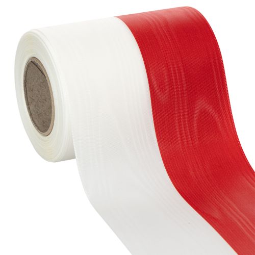 Product White and red moiré wreath ribbon, 125mm - mourning ribbon, decorative ribbon, bow ribbon, festive ribbon, 25m roll