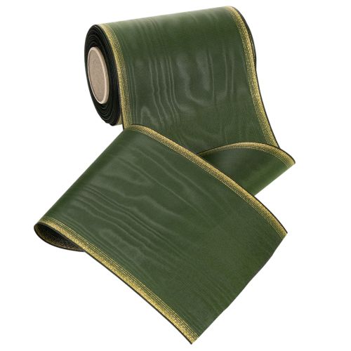 Product Moiré wreath ribbon, 150mm, dark green with gold pearl edge, taffeta weave, 25m roll for decoration and design