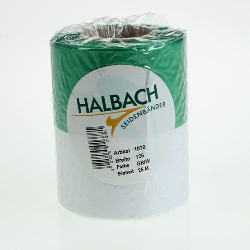 Product Moiré wreath ribbon 125mm x 25m in green and white, taffeta-woven ribbon, national ribbon, decorative ribbon