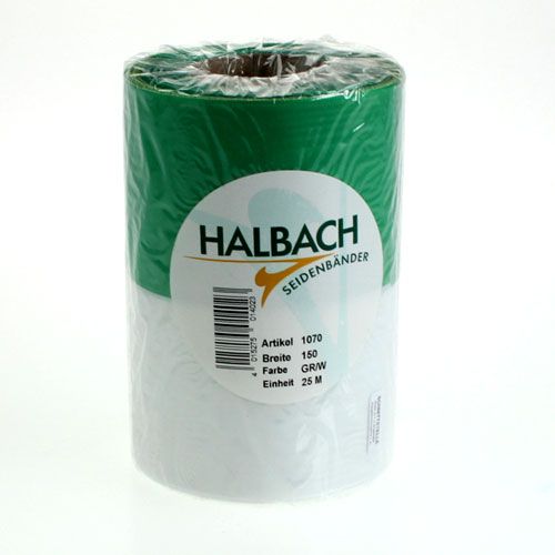 Product Moiré wreath ribbon green-white 150mm, decorative ribbon, bow ribbon, taffeta quality 25m