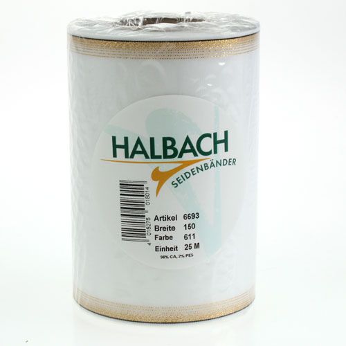 Product Elegant moiré wreath ribbon with gold edge, wedding decoration, mourning ribbon, white 150mm x 25m