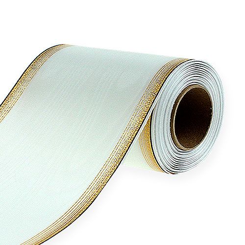 Product White moiré wreath ribbon with gold pearl edge, 175mm - Elegant ribbon for decoration and floristry