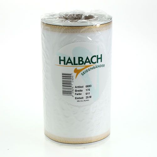 Product White moiré wreath ribbon with gold pearl edge, 175mm - Elegant ribbon for decoration and floristry