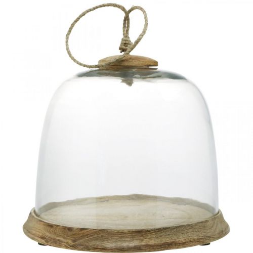 Glass bell with wooden plate, cake bell with jute handle H19cm Ø22.5cm