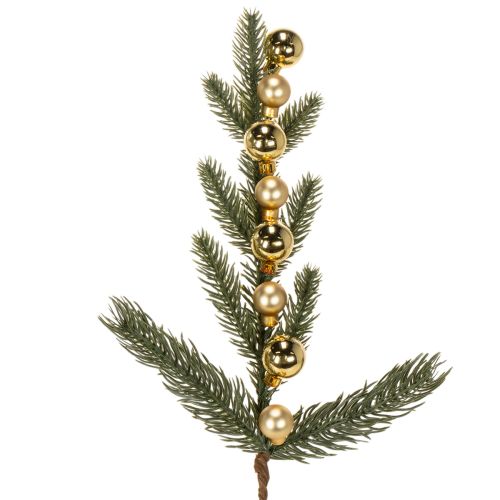 Artificial fir branch with gold-colored mini Christmas tree baubles, 46cm, 2 pieces