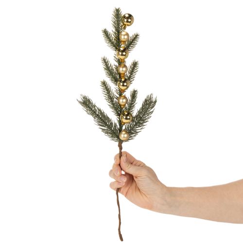 Artificial fir branch with gold-colored mini Christmas tree baubles, 46cm, 2 pieces | Floristik24.ie