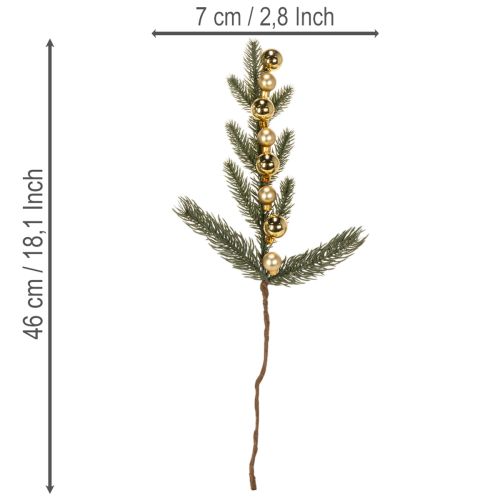 Artificial fir branch with gold-colored mini Christmas tree baubles, 46cm, 2 pieces | Floristik24.ie