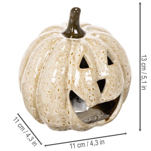 Ceramic pumpkin decoration with LED and grinning face, 13cm | Floristik24.ie
