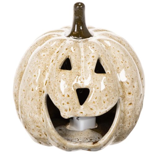 Ceramic pumpkin decoration with LED and grinning face, 13cm | Floristik24.ie