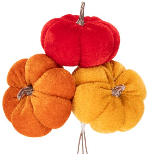 Decorative pumpkin on wire, autumn decoration, velvet, three-color set, 8cm, 9 pieces