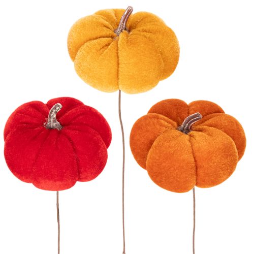Decorative pumpkin on wire, autumn decoration, velvet, three-color set, 8cm, 9 pieces | Floristik24.ie