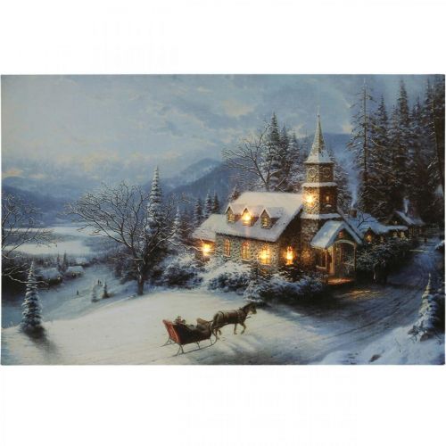 Product LED picture Christmas winter landscape with church LED mural 58x38cm