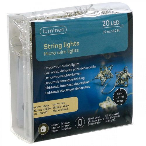 Product LED light chain stars micro LED timer inside silver 1.90m