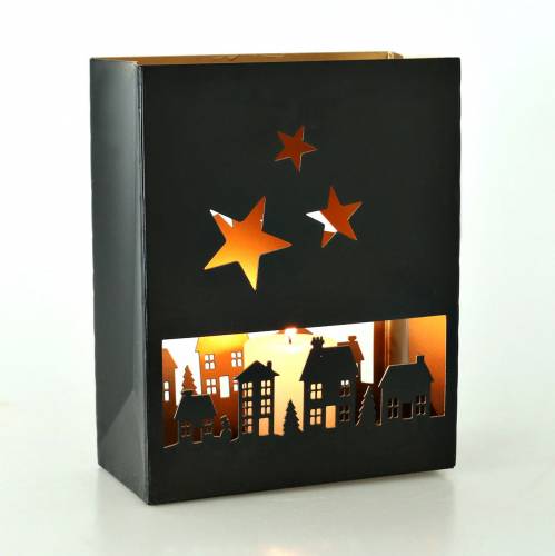 Floristik24 Lantern Christmas houses angular black, gold metal 20.5 × 10cm H26cm