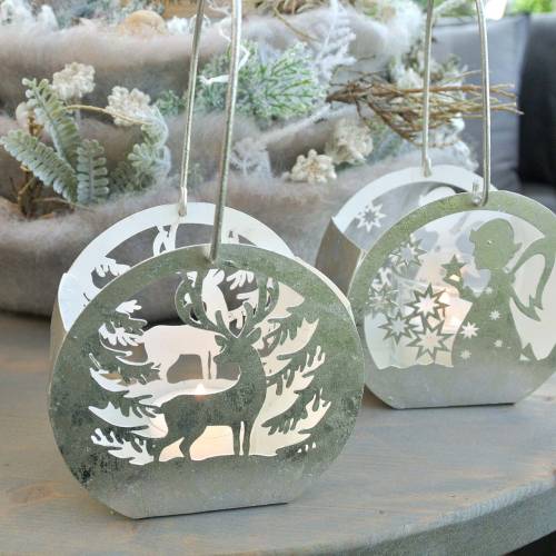 Floristik24 Lantern with angel and reindeer motif silver, white Ø10×H9.5cm 2pcs