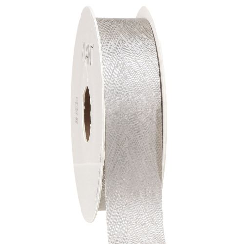 Product Luxurious silver silk ribbon with elegant feather design – Ideal for weddings and festive occasions Width 25mm Length 15m