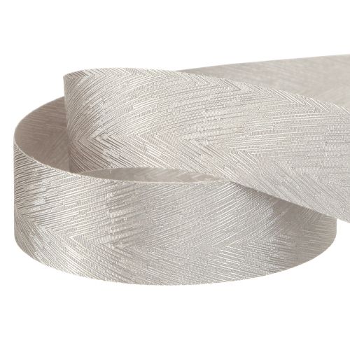 Product Luxurious silver silk ribbon with elegant feather design – Ideal for weddings and festive occasions Width 25mm Length 15m