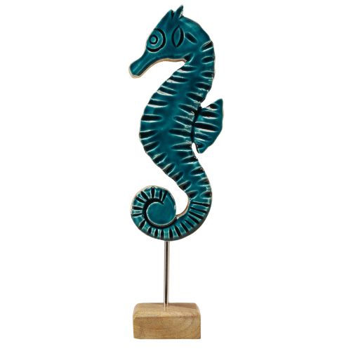 Maritime decoration seahorse on stand mango wood turquoise 19,5cm