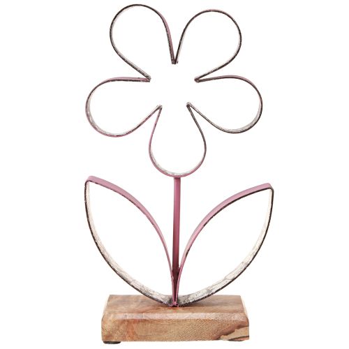 Product Metal Decoration Flower on Wooden Base Old Pink Silver H29cm