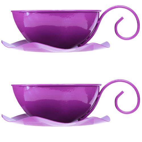 Product Metal Decorative Cup Ø16cm H9cm Teacup with Saucer Purple 2pcs