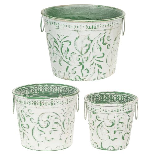 Product Metal pots with handles, planters with embossing, white, green, shabby chic, H20.5/18.5/16cm, Ø25.5/20.5/15.5cm, set of 3