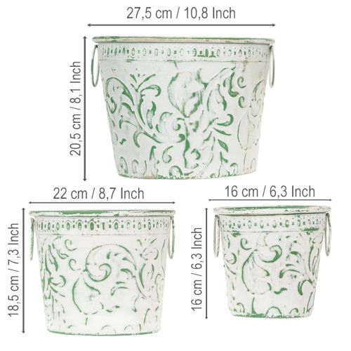 Product Metal pots with handles, planters with embossing, white, green, shabby chic, H20.5/18.5/16cm, Ø25.5/20.5/15.5cm, set of 3