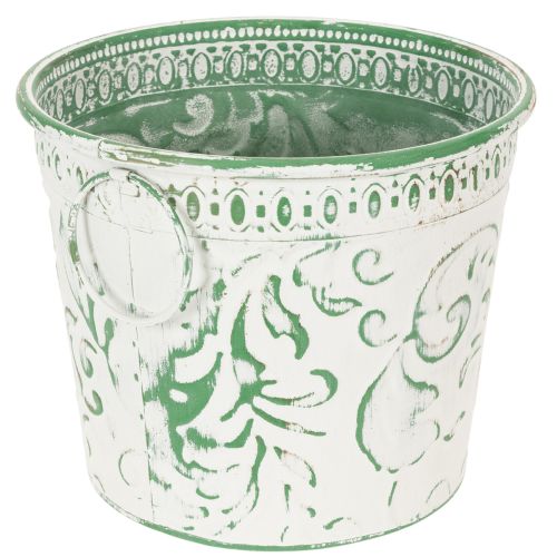 Product Metal pots with handles, planters with embossing, white, green, shabby chic, H20.5/18.5/16cm, Ø25.5/20.5/15.5cm, set of 3