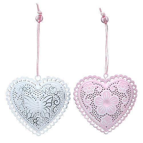 Floristik24 Metal hanger heart white, pink 8.5cm 6pcs