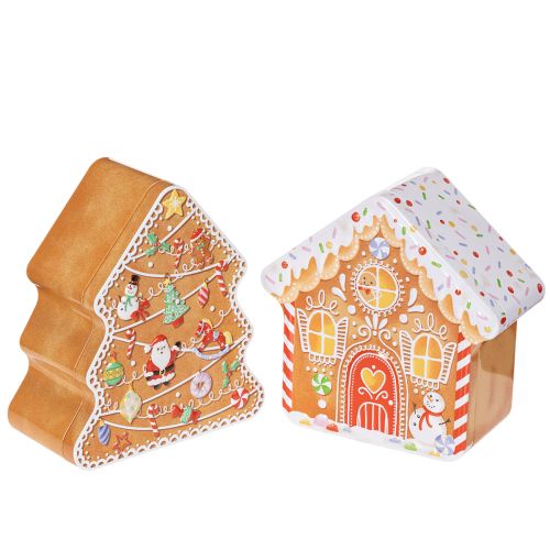 Christmas tin, cookie tin, Christmas tree and house, gingerbread look, 14cm, 2 pieces buy online | Floristik24.ie