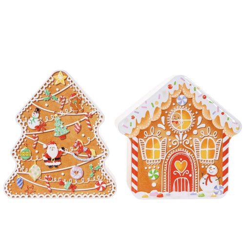 Christmas tin, cookie tin, Christmas tree and house, gingerbread look, 14cm, 2 pieces | Floristik24.ie