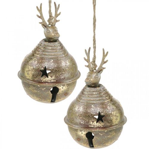 Floristik24 Metal bells with reindeer decoration, Advent decoration, Christmas bell with stars, gold bells antique look Ø9cm H14cm 2 pieces