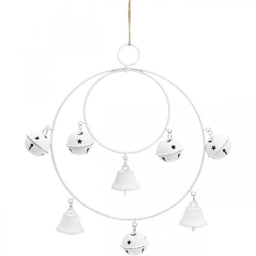 Product Ring with bells, Advent decoration, ring wreath, metal decoration for hanging White H22.5cm W21.5cm