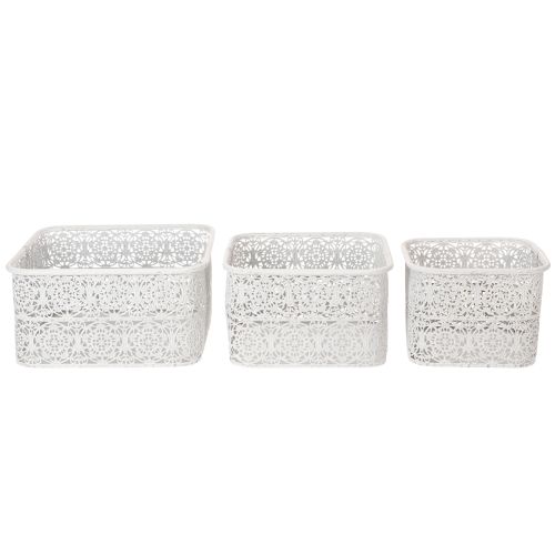 Product Metal bowls with lace pattern, decorative container, square, shabby chic, white, 27/23/19cm, H13.5cm, set of 3